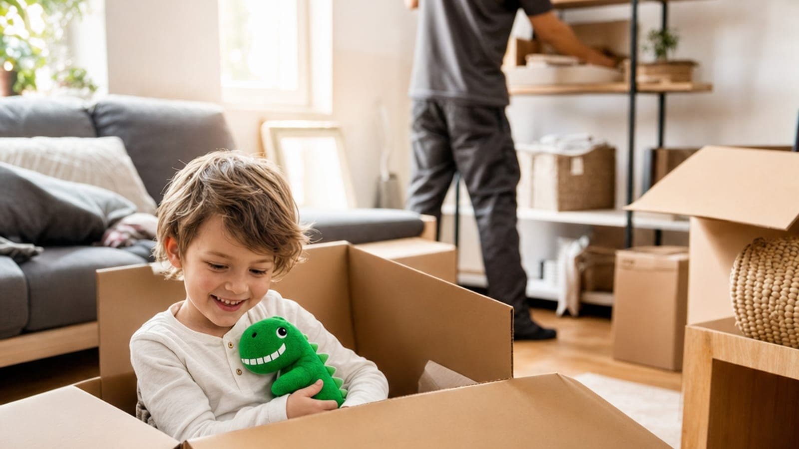 Familie mit Kindern bei Umzug – Kartons im neuen Zuhause