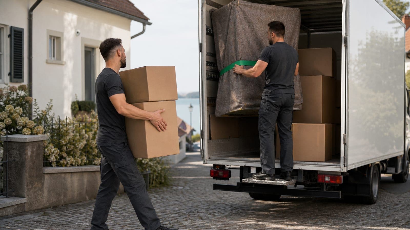 Was kostet ein Umzug – Umzugsteam belädt Transporter in Konstanz